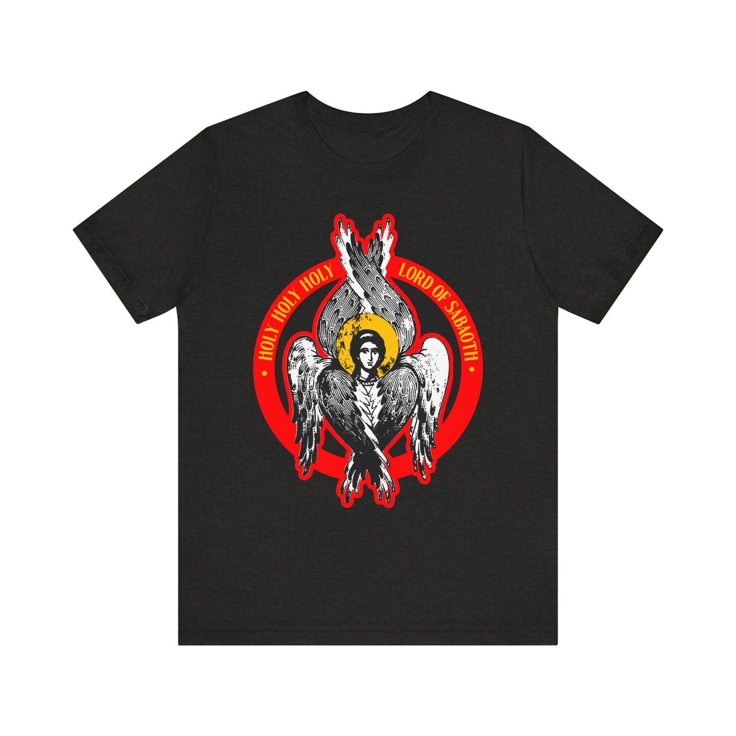 Black Heather unisex tee featuring a seraphim angel design with wings, halo, and "Holy Holy Holy Lord of Sabaoth" text from Isaiah 6. Inspired by the unseen realm and Lord of Hosts theme. Lightweight cotton for comfort.