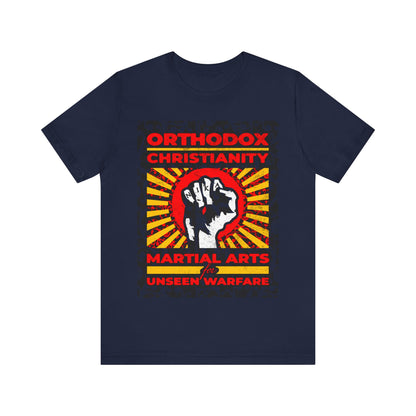 Orthodox Christianity: Martial Arts for Unseen Warfare | NIKA Jesus Fist on Colorful Sunburst Design | Orthodox Christian T-Shirt