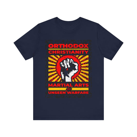 Orthodox Christianity: Martial Arts for Unseen Warfare | NIKA Jesus Fist on Colorful Sunburst Design | Orthodox Christian T-Shirt
