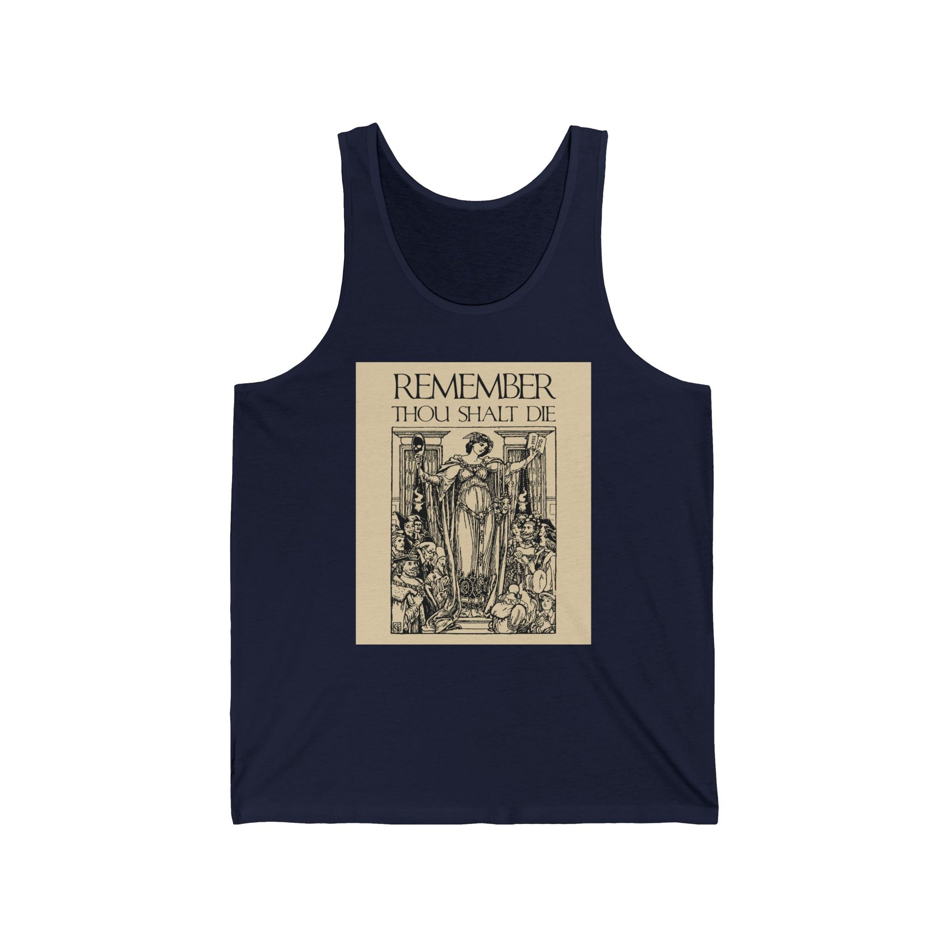 Navy tank top featuring a classic woodcut illustration and "Remember You Will Die" Shakespearean design—Orthodox Christian memento mori, perfect for day of death meditations.