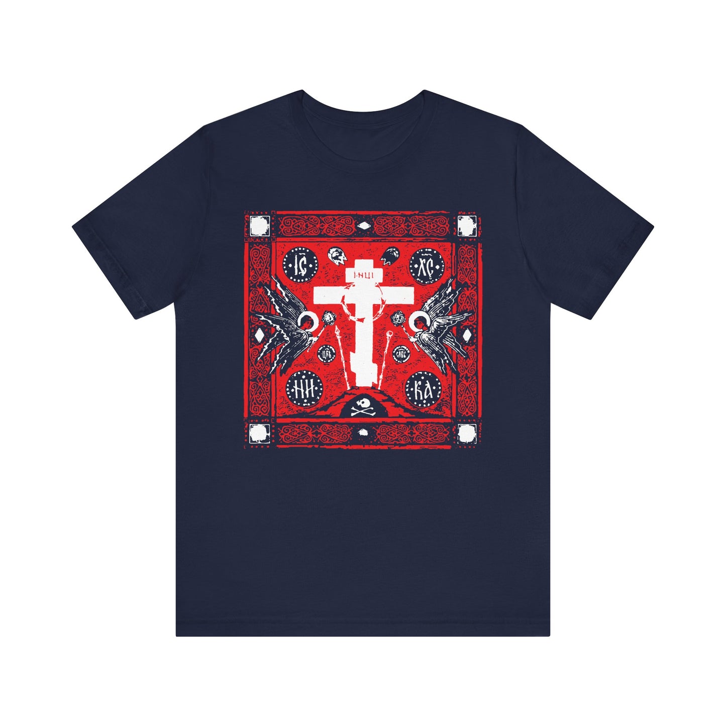 Navy Adoration of Holy Cross IconoGraphic t-shirt featuring a striking red, white, and black Russian cross with angels, crafted from lightweight cotton for unisex wear.