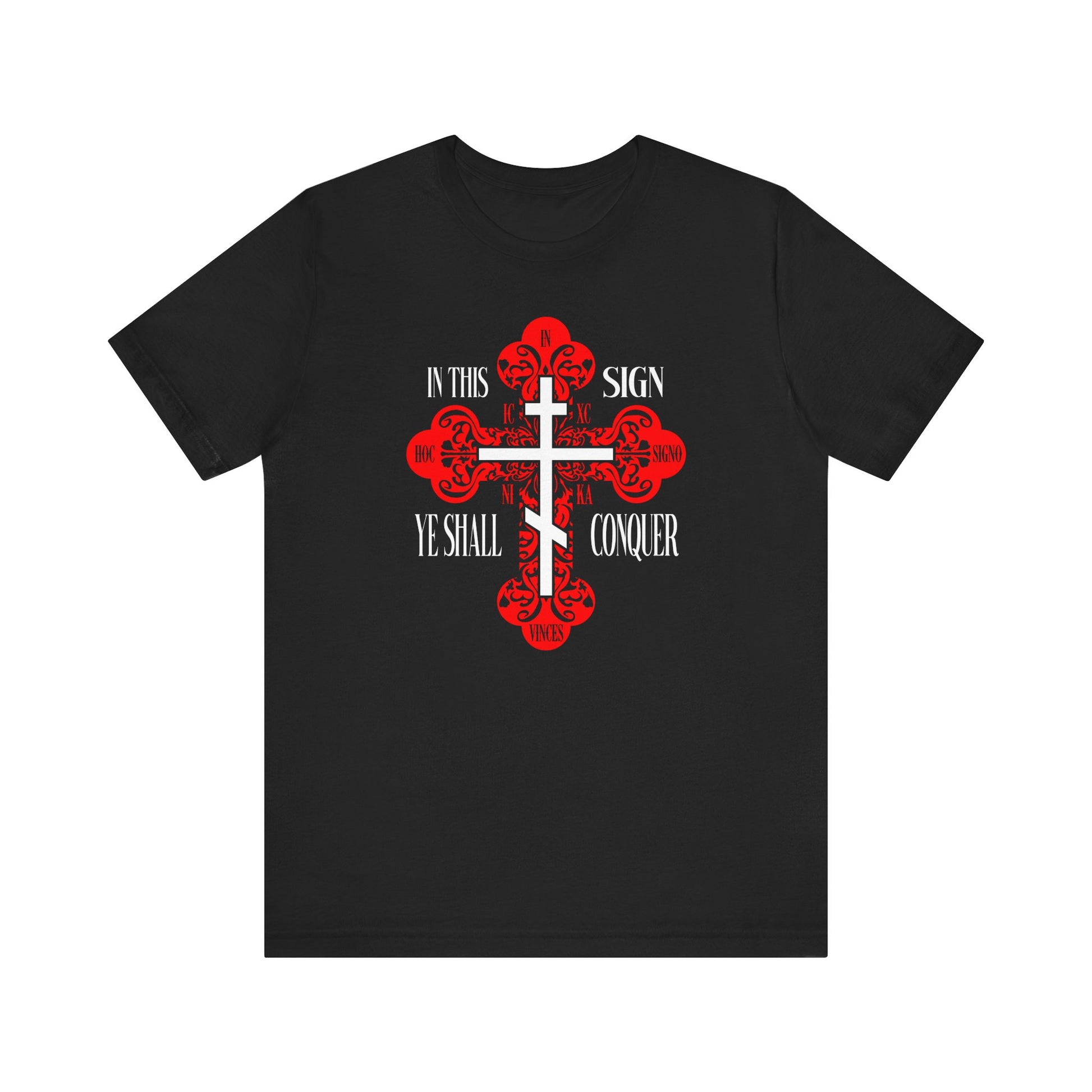 Black unisex tee featuring an ornate Orthodox Cross with "In This Sign Ye Shall Conquer" (ICXC NIKA | In Hoc Signo Vinces)—a bold statement of faith and victory in Christ.