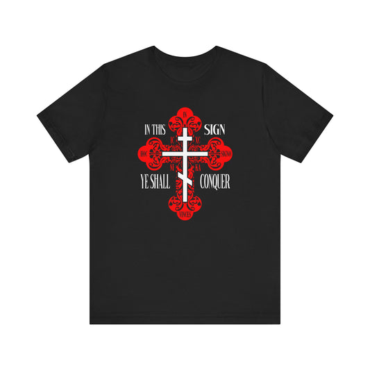 Black unisex tee featuring an ornate Orthodox Cross with "In This Sign Ye Shall Conquer" (ICXC NIKA | In Hoc Signo Vinces)—a bold statement of faith and victory in Christ.