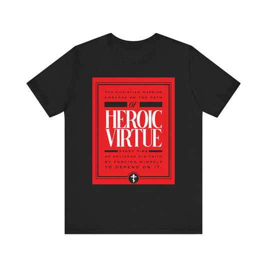 Black Christian Warrior T-shirt featuring "Path of Heroic Virtue," "Ascetic Ethos," and "All Things Through Christ (Phil 4:13)" in bold red and white graphics; lightweight cotton unisex fit inspired by faith.