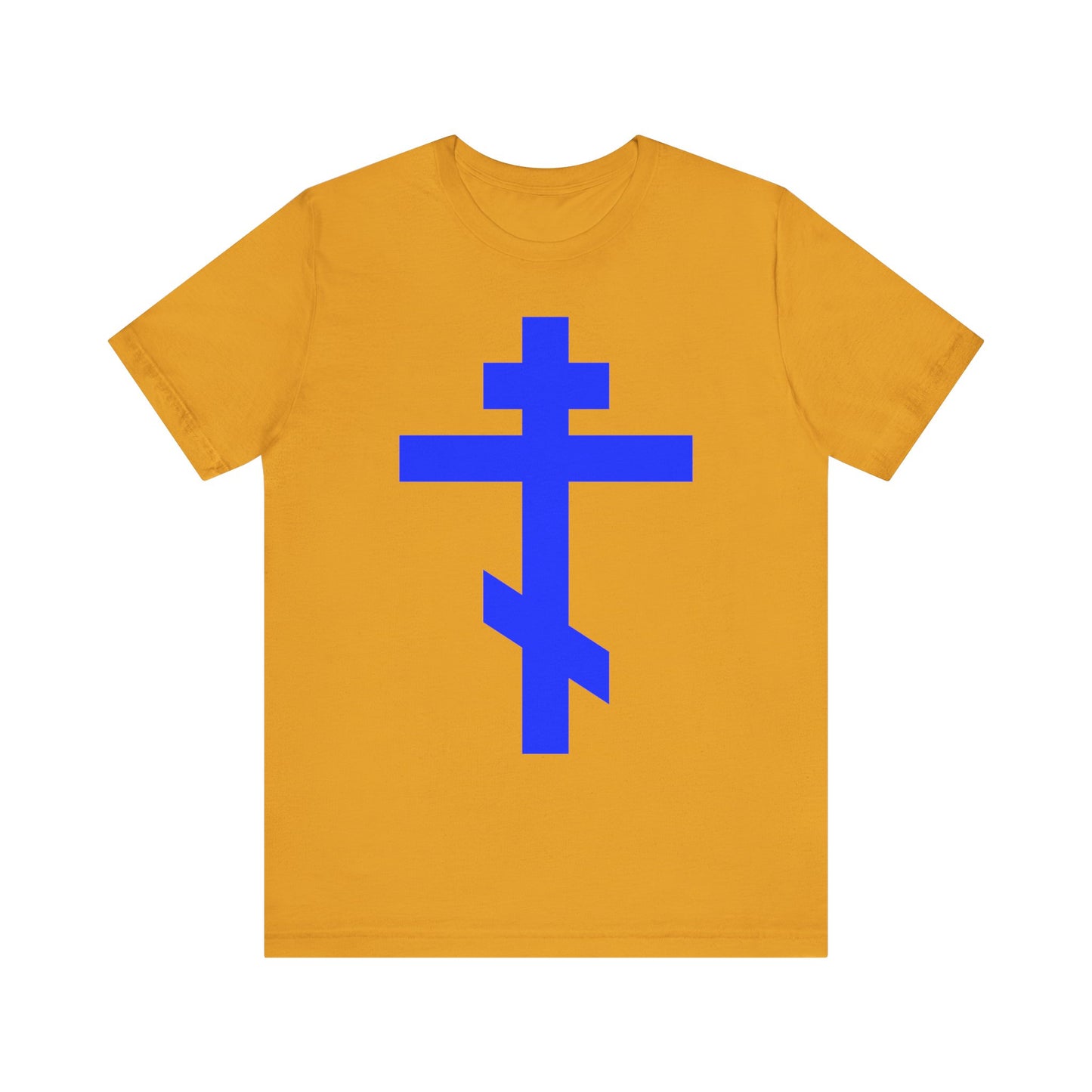 Sure! Here’s your revised sentence using the provided product data: Mustard lightweight cotton unisex tee featuring a large royal blue Orthodox Tribar Cross on the front, with the inscription “Preserve Thy People By Thy Cross, O Lord | Christ is King,” symbolizing the salvation offered by the Lord.