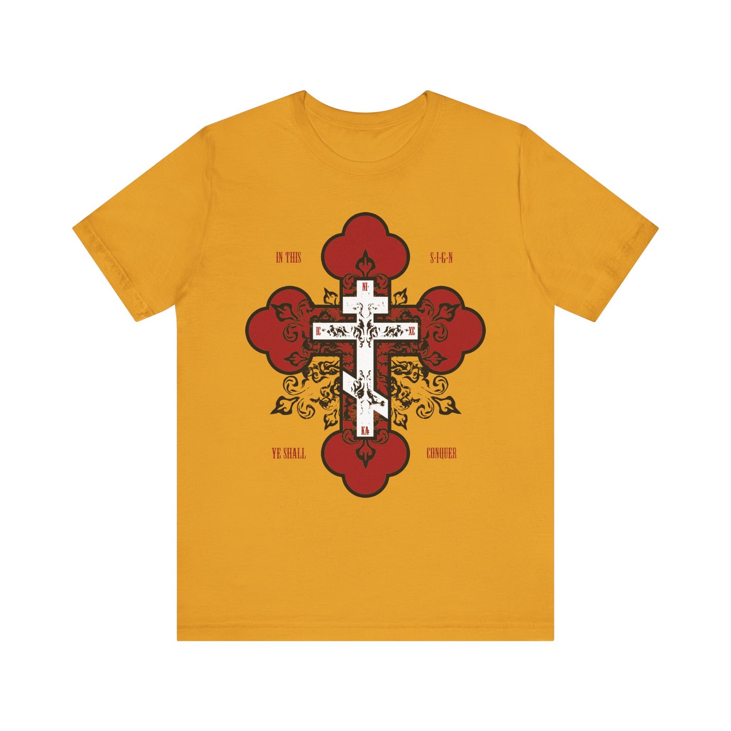 Mustard lightweight cotton unisex tee featuring a gold and white ornate Orthodox cross with "In This Sign Ye Shall Conquer" text, inspired by spiritual teachings. Product: In Hoc Signo Vinces.