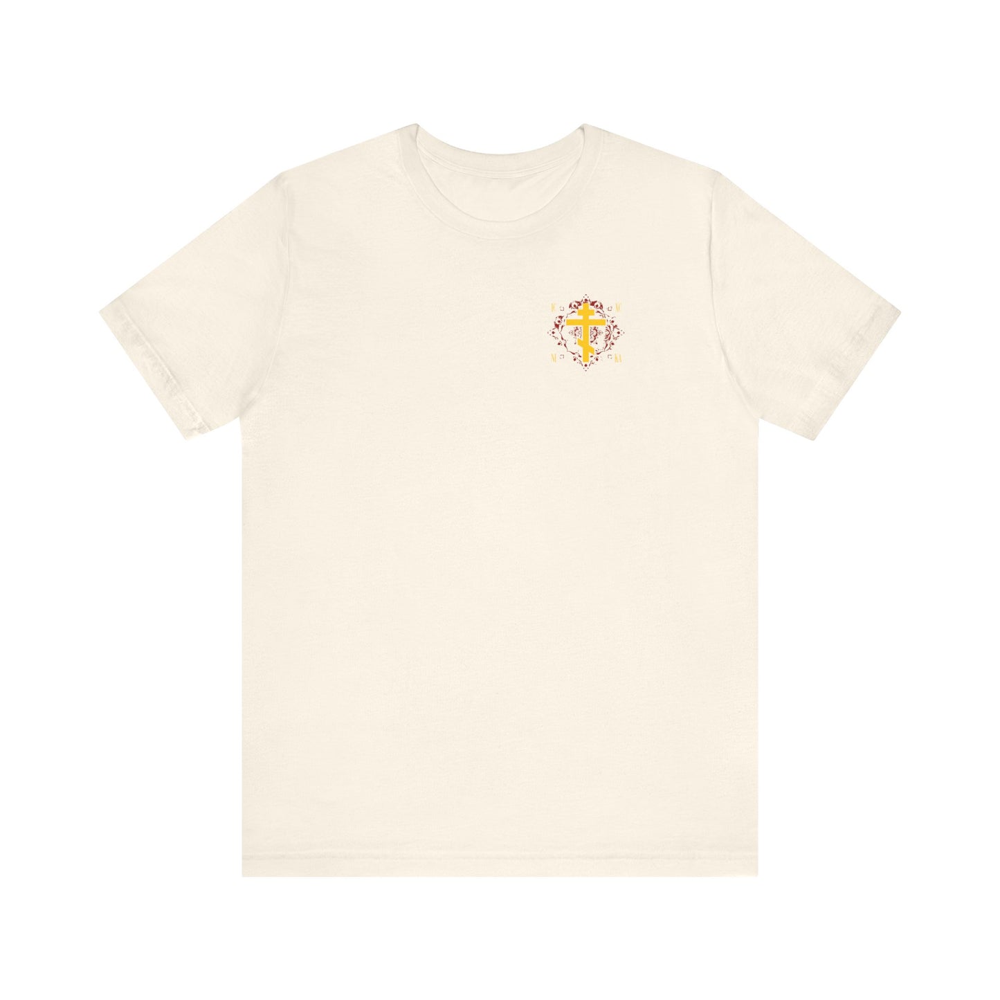 Natural-colored lightweight cotton tee featuring a small yellow Orthodox Cross on an ornate red background, inspired by Christ Conquers (ICXC NIKA). Unisex design combines faith and style.