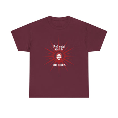 Maroon heavy cotton t-shirt featuring the face of Jesus Christ in a red & white icono-graphic design, with text: "And Night Shall Be No More" (Rev 22:5). Orthodox Christian-inspired.