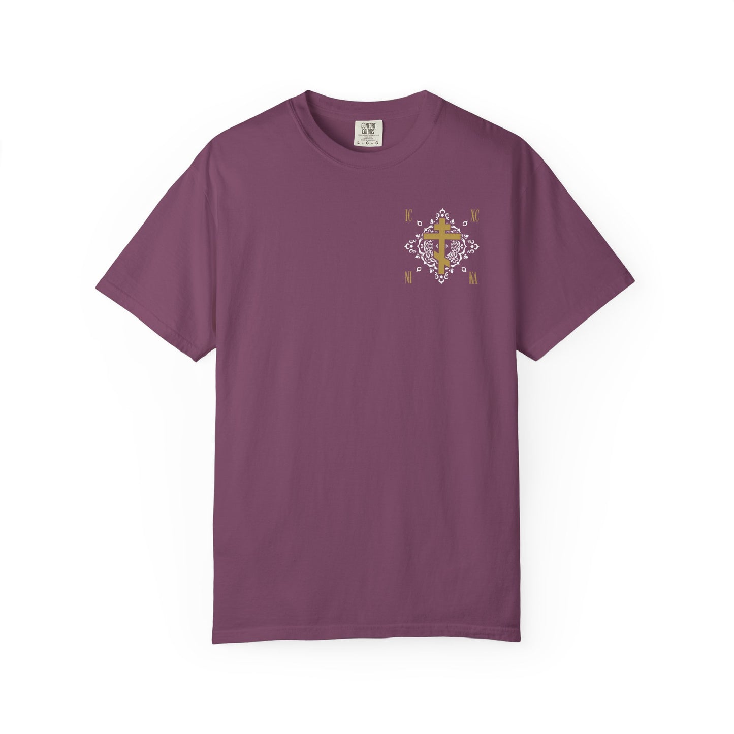 Berry t-shirt featuring a small gold Orthodox Cross with ICXC NIKA, white medieval ornate floral pattern, and "Jesus Christ Conquers" design on heavyweight cotton. Unisex fit.