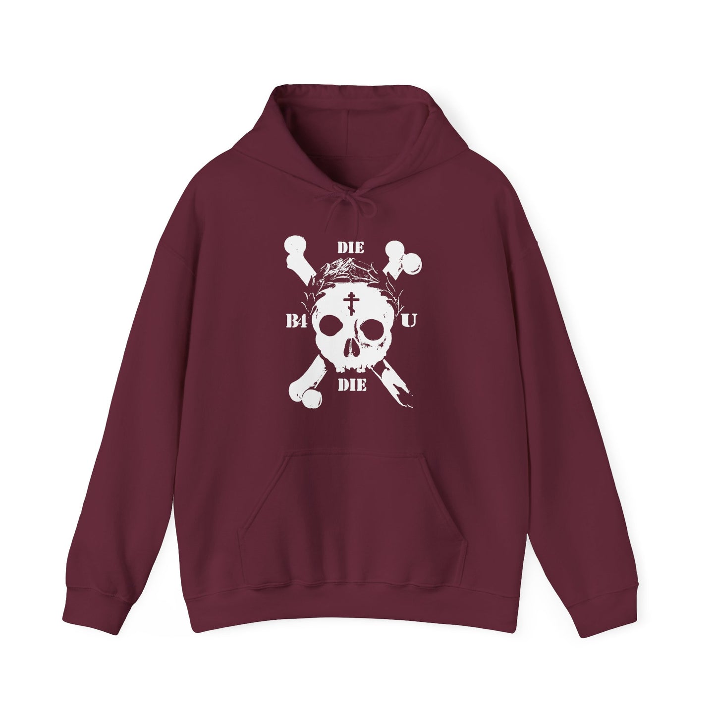 Maroon Die Before You Die hoodie featuring a retro skull & crossbones, Orthodox cross, and laurel wreath graphic with ascetic Christian "memento mori" message. Inspired by Matthew 16:24-25—to take up your cross and deny yourself.
