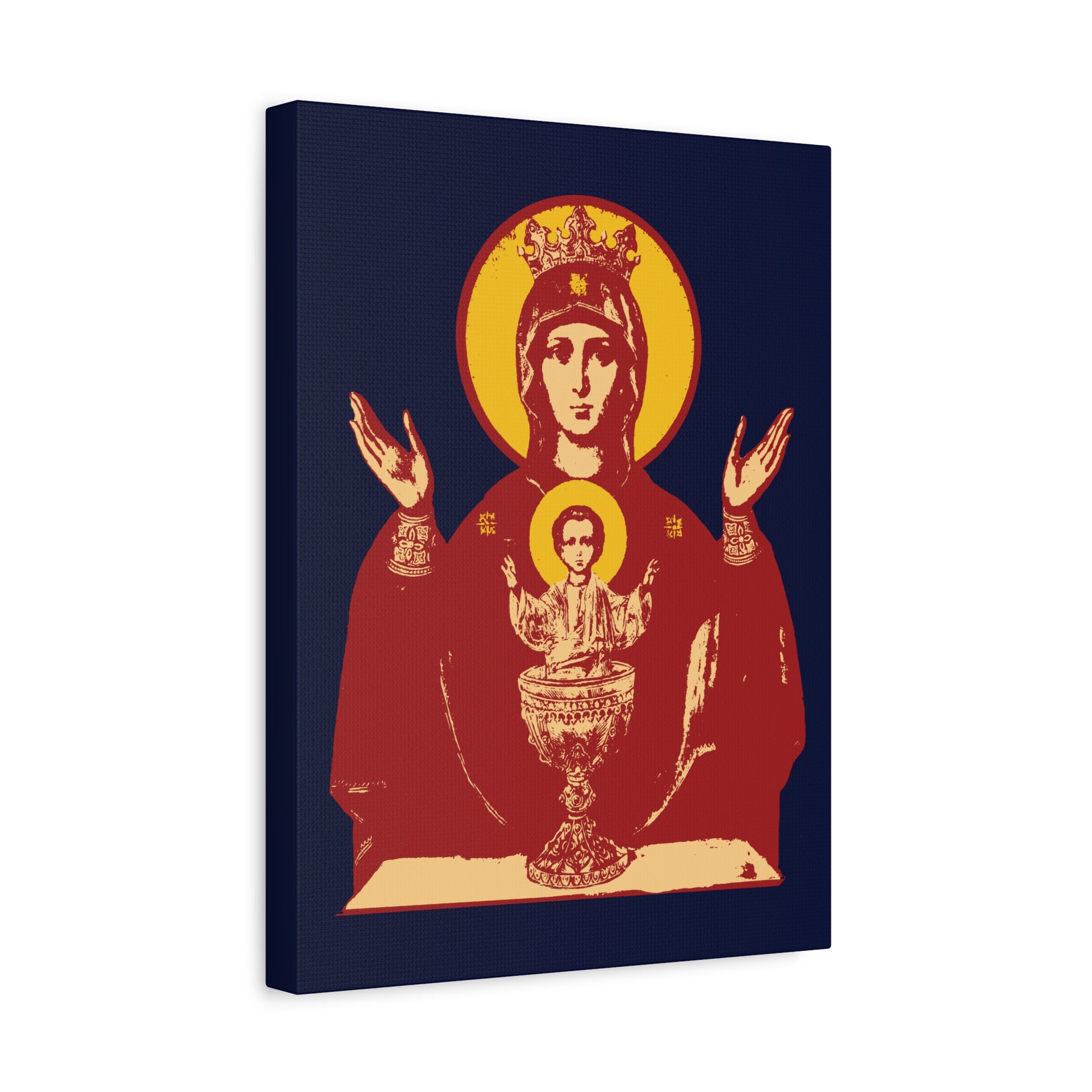 Holy Theotokos IconoGraphic of the Inexhaustible Chalice—Orthodox Christian wall art depicting the Mother of God with Jesus in a chalice, symbolizing hope and deliverance from addictions and passions.