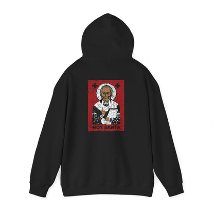 Black St Nicholas of Myra | Definitely Not Santa | Striker of Arius, Defender of Orthodoxy | Red & White Design | Orthodox Christian Hoodie featuring a St. Nicholas icon print on the back with the text NOT SANTA.