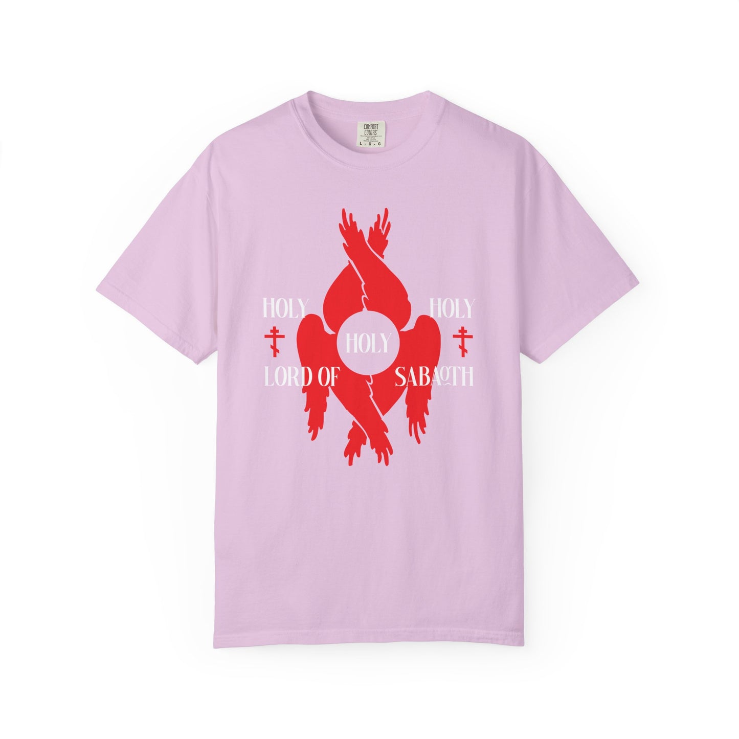Orchid tee featuring red seraphim wings, Orthodox crosses, and "Holy Holy Holy Lord of Sabaoth" from Isaiah 6:3—a nod to the Divine Council and the Liturgy of St John Chrysostom. Heavyweight unisex cotton.
