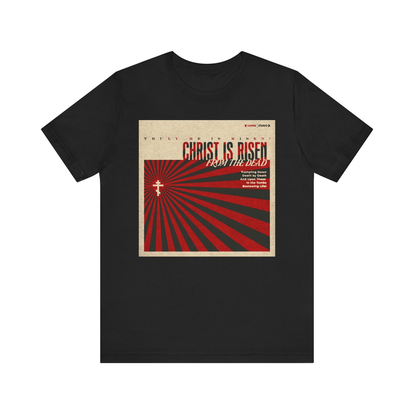 Celebrate Christ’s resurrection in bold style with our black “Christ is Risen from the Dead” Orthodox Christian unisex tee, featuring a retro LP cover design inspired by the Paschal Troparion.