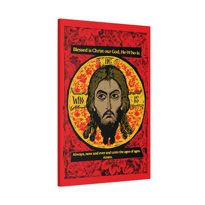 The Remembrance of Death "Made Without Hands (Mandylion/Image of Edessa)" canvas features Jesus Christ’s face on a red, black, and yellow background, with Orthodox hymn text above and below. Perfect Christian wall art for any home.