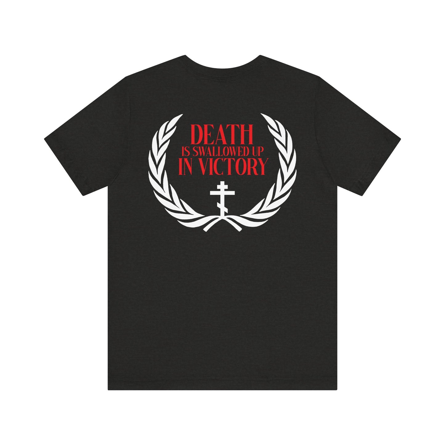 The Archangel Michael of the Apocalypse Iconographic / Death is Swallowed Up In Victory t-shirt features white laurel and cross graphics, red text, and references Archangel Michael at Colossae. Double-sided, lightweight cotton unisex fit.