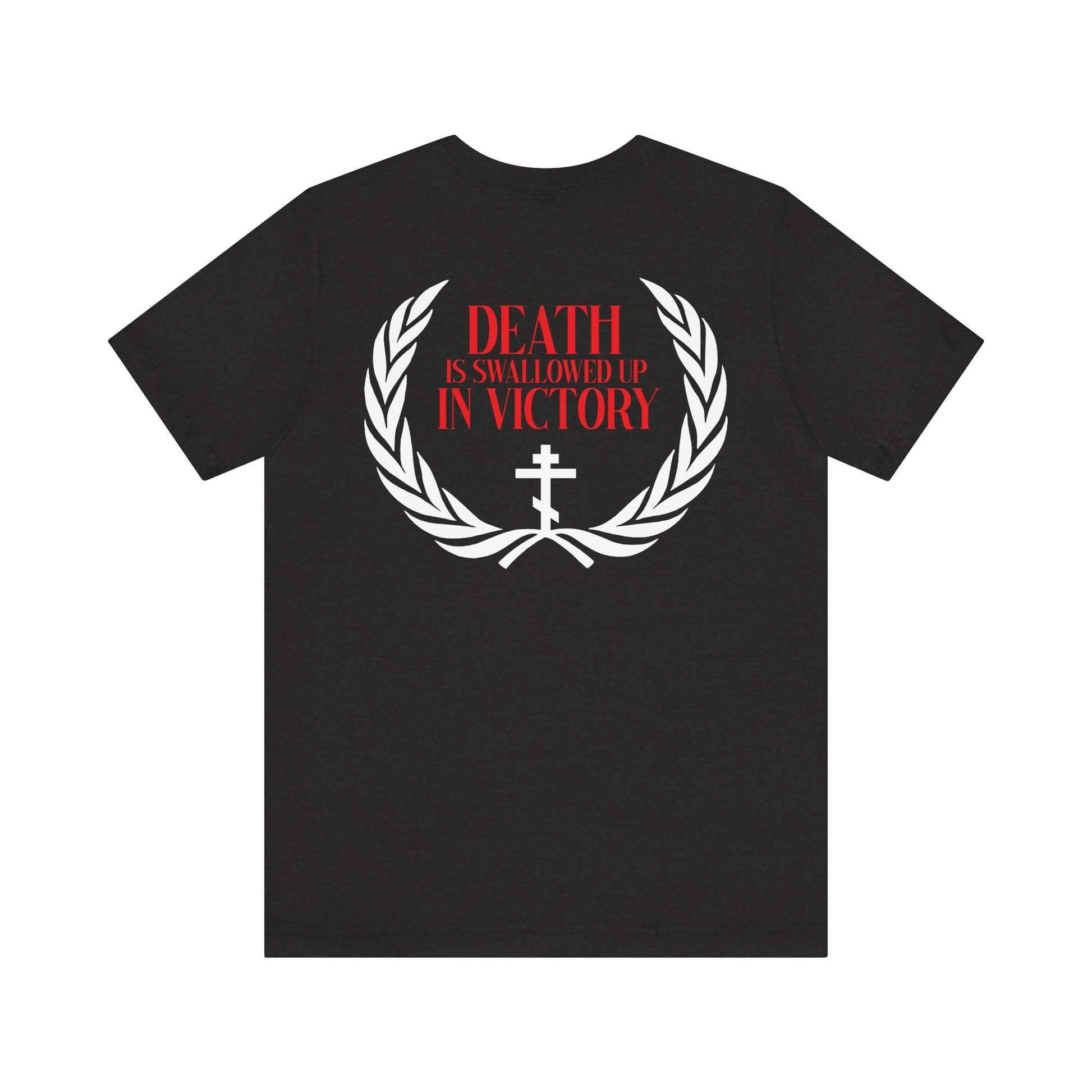 The Archangel Michael of the Apocalypse Iconographic / Death is Swallowed Up In Victory t-shirt features white laurel and cross graphics, red text, and references Archangel Michael at Colossae. Double-sided, lightweight cotton unisex fit.