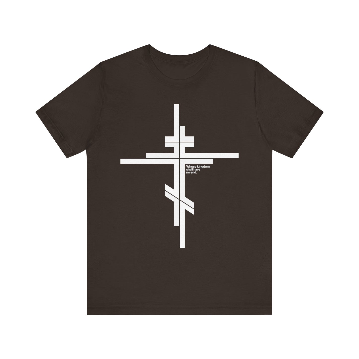 Brown t-shirt featuring a large white modernist Orthodox cross and subtle text on the front, inspired by Christ’s enduring kingdom—“Whose Kingdom Shall Have No End” (Luke 1:32-33)—in a minimalist logo style.