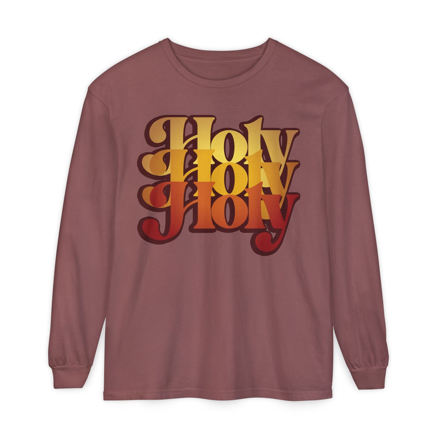 Brick long-sleeve cotton shirt featuring bold retro "Holy Holy Holy" text, inspired by Isaiah 6 and Trisagion liturgical prayer. Orthodox design with Cherubim & Seraphim, 70s style.