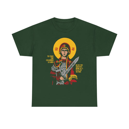 Forest green "To Thee the Champion Leader" t-shirt featuring an illustrated Theotokos with sword and halo, honoring the Mother of God. Heavy cotton Orthodox Christian IconoGraphic design.