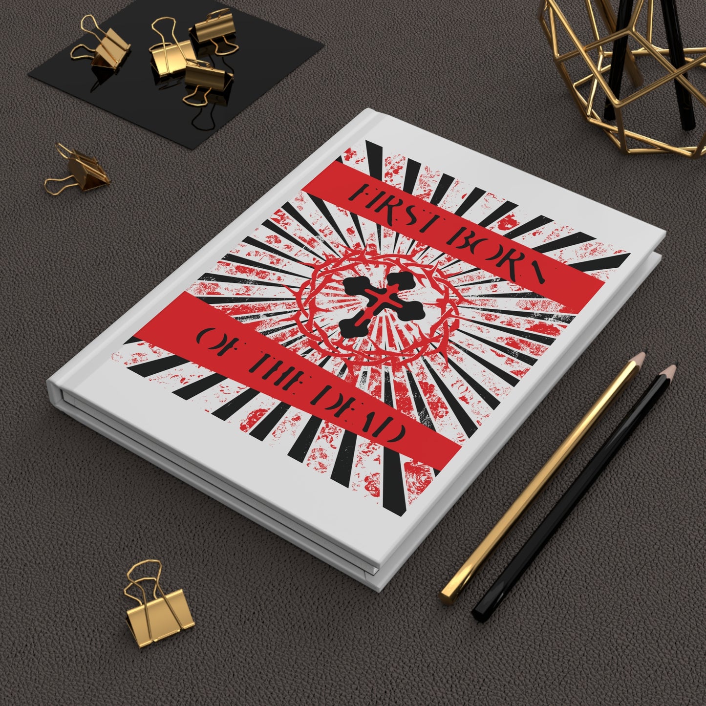 First Born of the Dead | Orthodox Cross and Crown of Thorns | Red White and Black Textured Design with Rays | Orthodox Christian Hardcover Journal