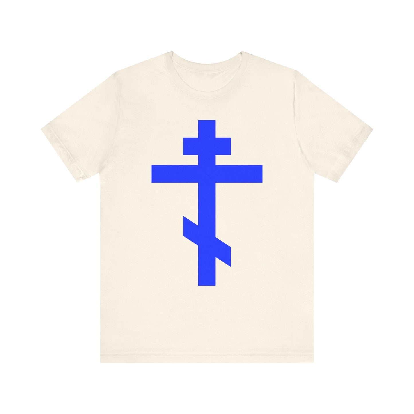 Natural lightweight cotton unisex tee featuring a large royal blue Orthodox tribar cross design centered on the front, symbolizing salvation through the Lord, with “Preserve Thy People By Thy Cross, O Lord” and “Christ is King.”.
