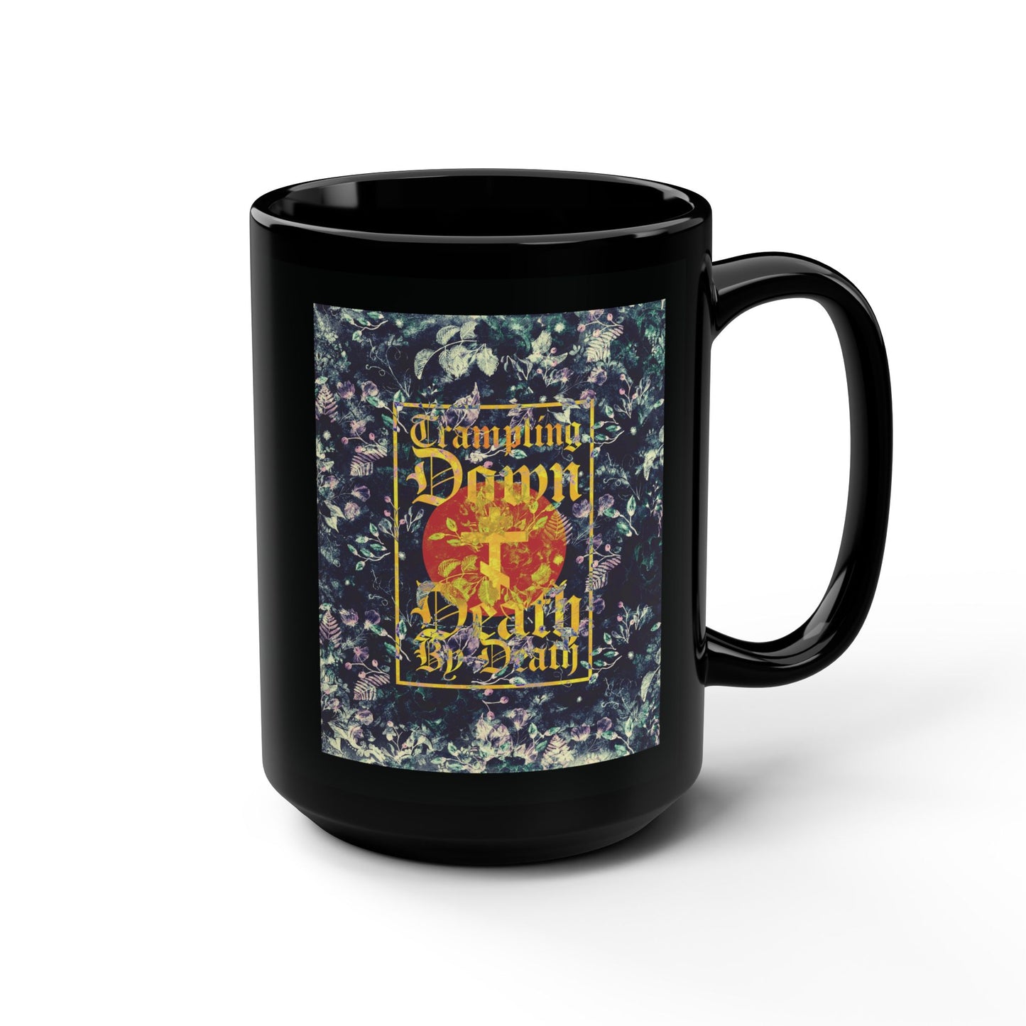 Trampling Down Death By Death | Paschal Floral Design with Gothic Script and Three-Bar Cross | Orthodox Christian Black Mug