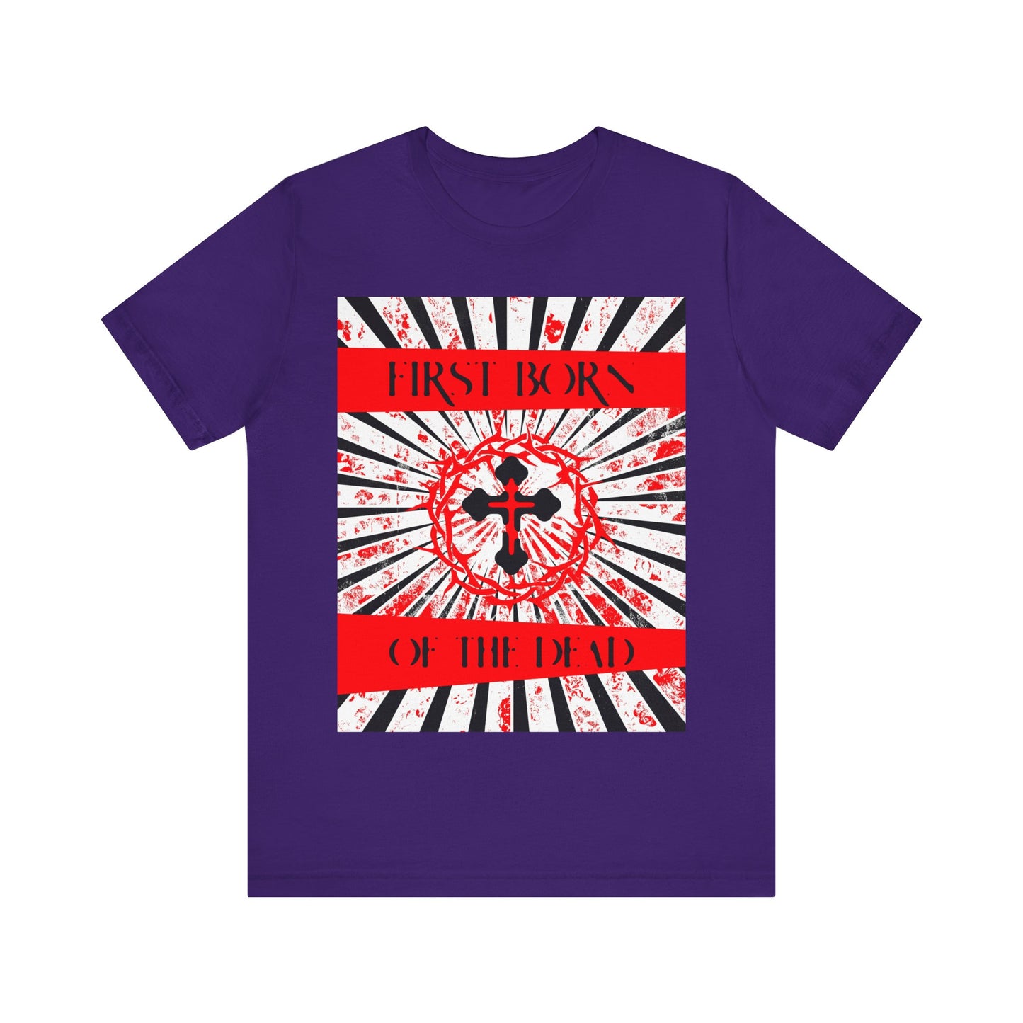 First Born of the Dead | Orthodox Cross and Crown of Thorns | Red White and Black Textured Design with Rays | Orthodox Christian Cotton T-Shirt