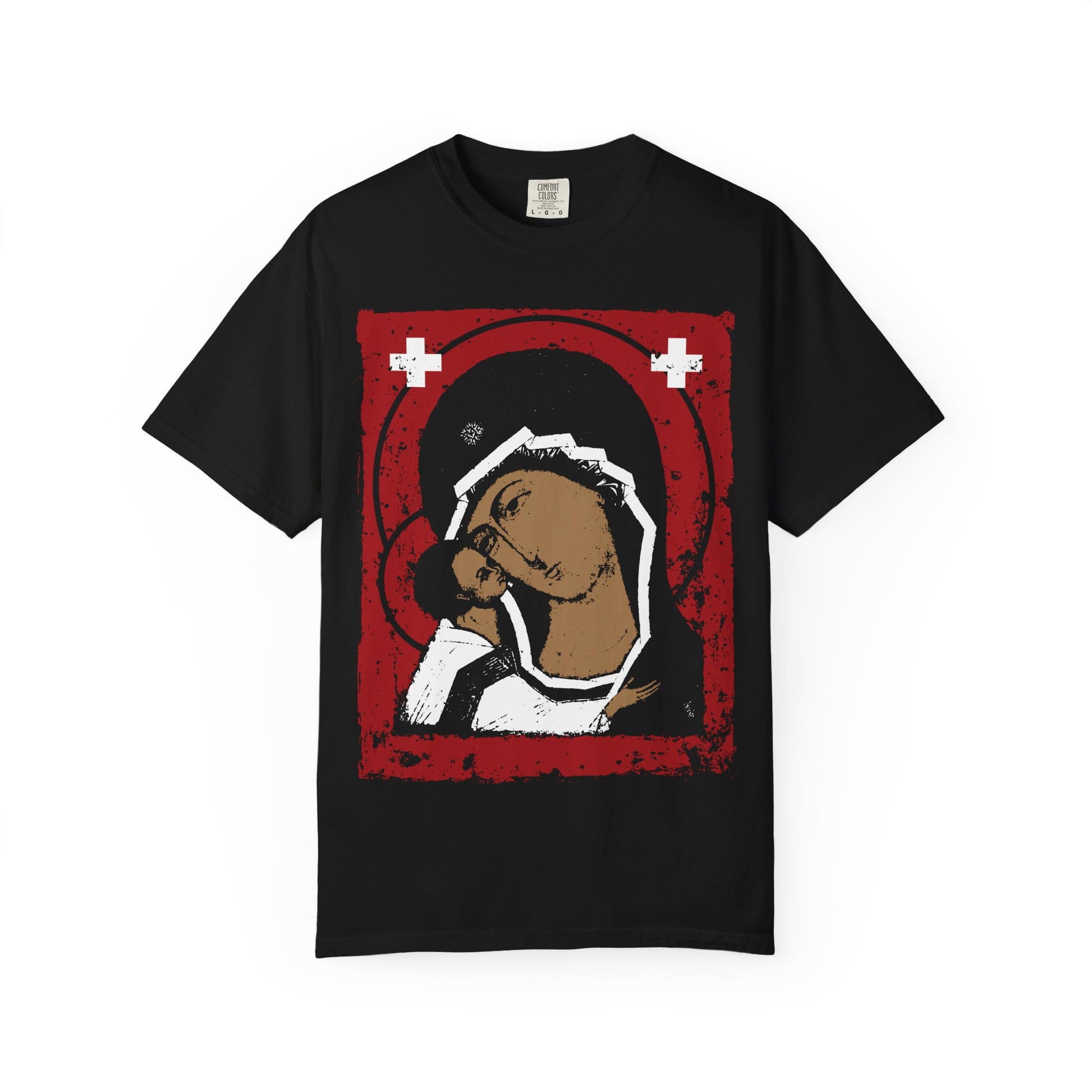 Sure! Here’s a rewritten version using your product data: Black heavyweight cotton tee featuring a stylized red, white, and black graphic of the Theotokos Mother of God with Christ in the Igorevskaya Tenderness Orthodox icon style.