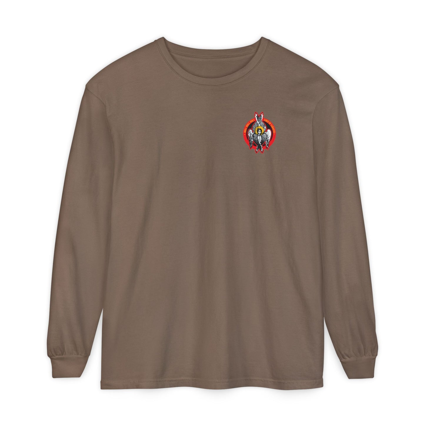Espresso long-sleeve cotton shirt featuring a small, colorful Seraphim angel iconographic design on the left chest, inspired by the Heavenly Hosts of God and Christian spirituality.