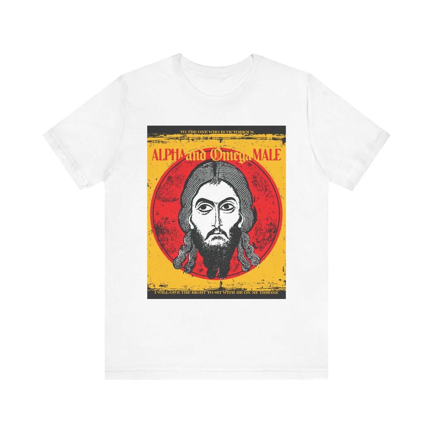 White Alpha & Omega Male tee features the Jesus Christ Image of Edessa (IkonoGraphic) with "To the One Who Is Victorious" on a cotton unisex shirt, inspired by Orthodox themes of resurrection. Color: White.