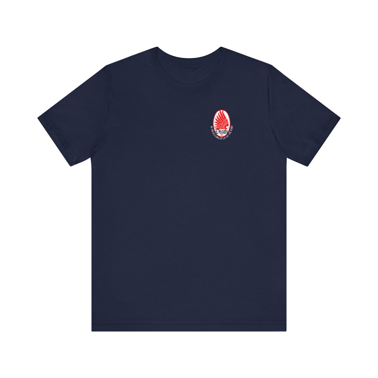 Navy "Death is Swallowed Up In Victory (1 Cor 15:54)" Orthodox unisex cotton t-shirt featuring an Art Nouveau eagle wing & stars small design on the left chest, symbolizing victory over death and eternal style.