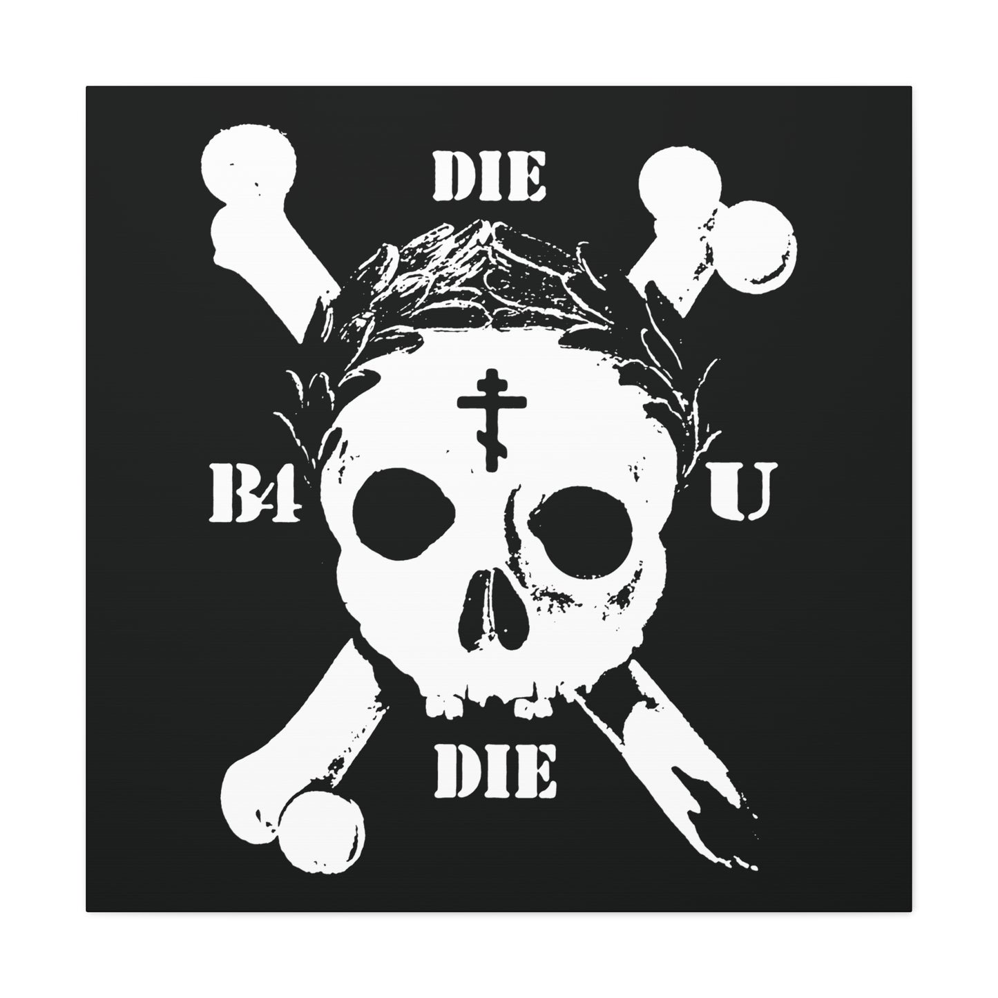 Die Before You Die: Retro Skull & Crossbones with Orthodox Cross and Laurel Wreath—Memento Mori wall art inspired by Matthew 16:24-25, calling us to self-denial and the ascetic Christian path.