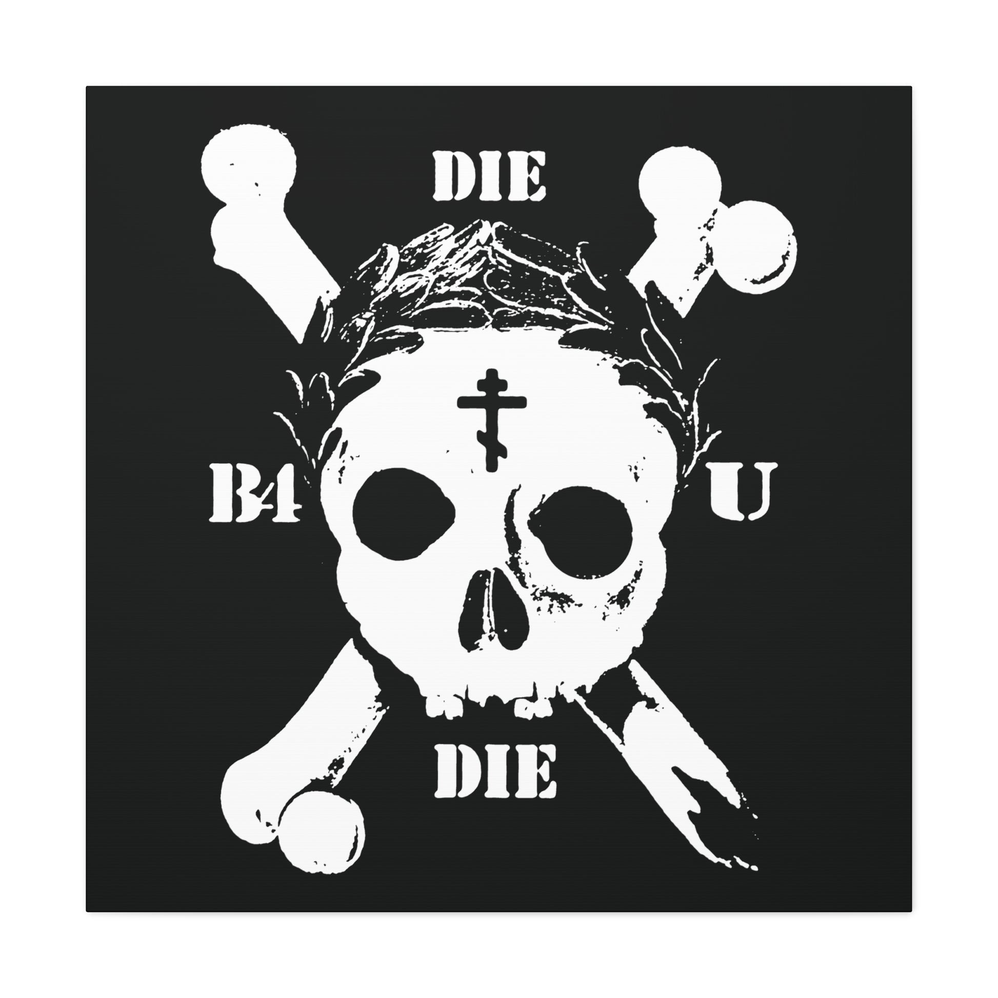 Die Before You Die: Retro Skull & Crossbones with Orthodox Cross and Laurel Wreath—Memento Mori wall art inspired by Matthew 16:24-25, calling us to self-denial and the ascetic Christian path.
