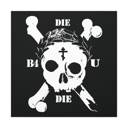 Die Before You Die: Retro Skull & Crossbones with Orthodox Cross and Laurel Wreath—Memento Mori wall art inspired by Matthew 16:24-25, calling us to self-denial and the ascetic Christian path.