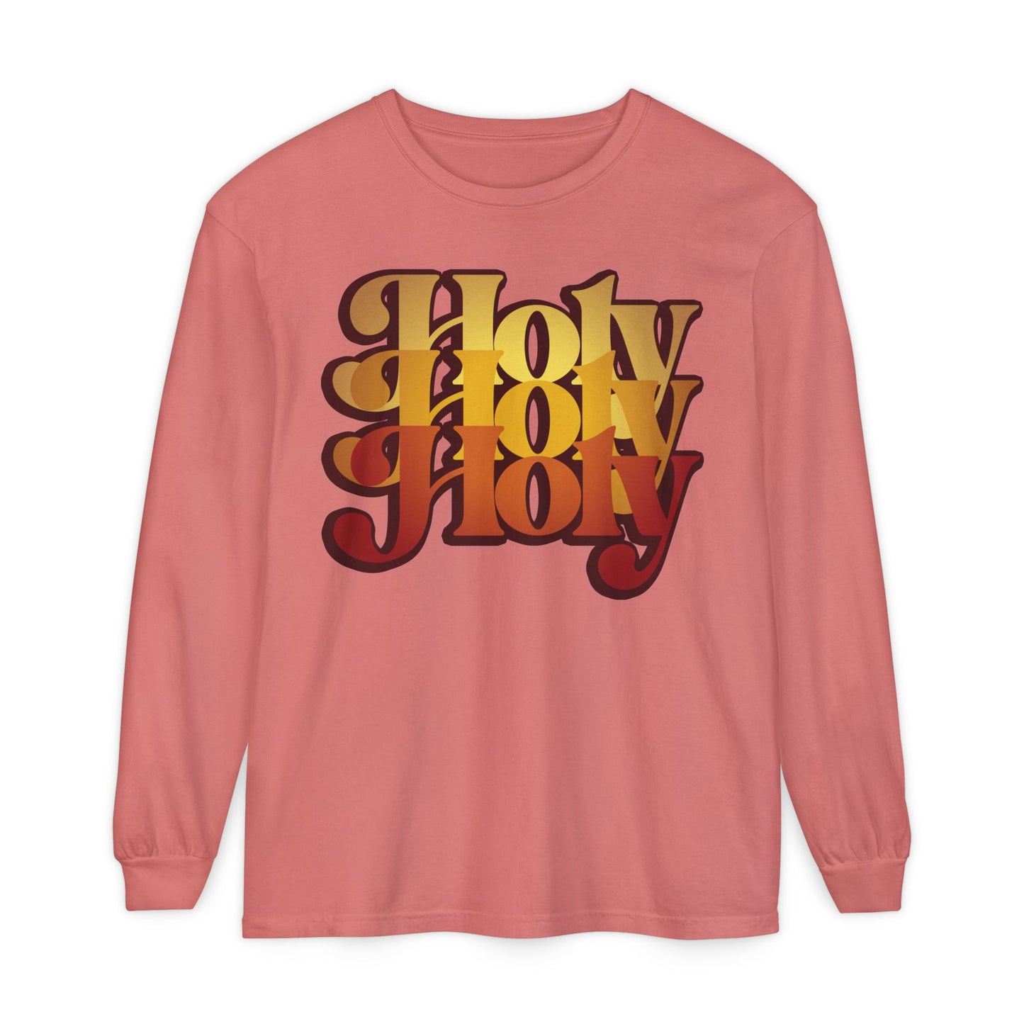 A watermelon long-sleeve cotton shirt with "Holy Holy Holy" in bold, yellow and red retro letters on the front, inspired by Orthodox Trisagion liturgical prayer (Isaiah 6), Cherubim & Seraphim.