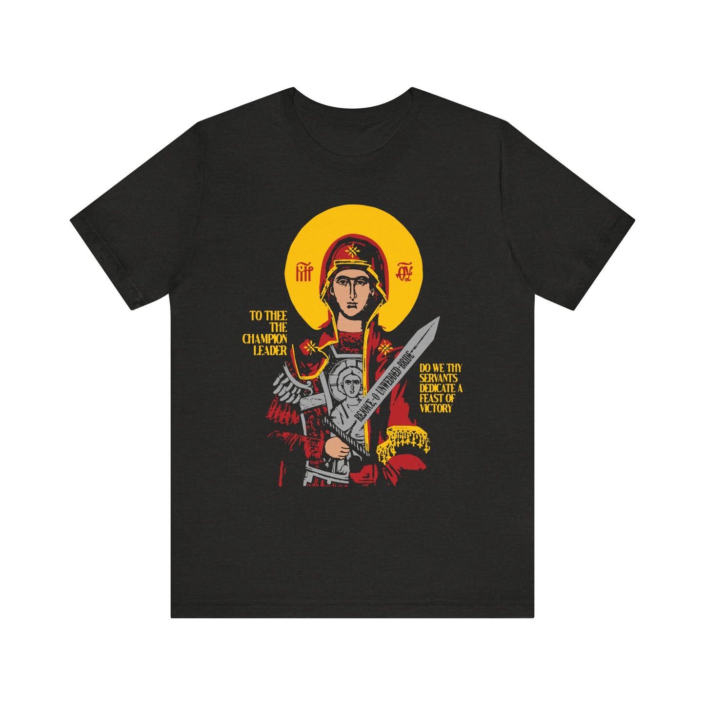 Black Heather unisex tee featuring the Theotokos with sword, yellow halo, and religious text. “To Thee the Champion Leader” Orthodox Christian IconoGraphic design on lightweight cotton.