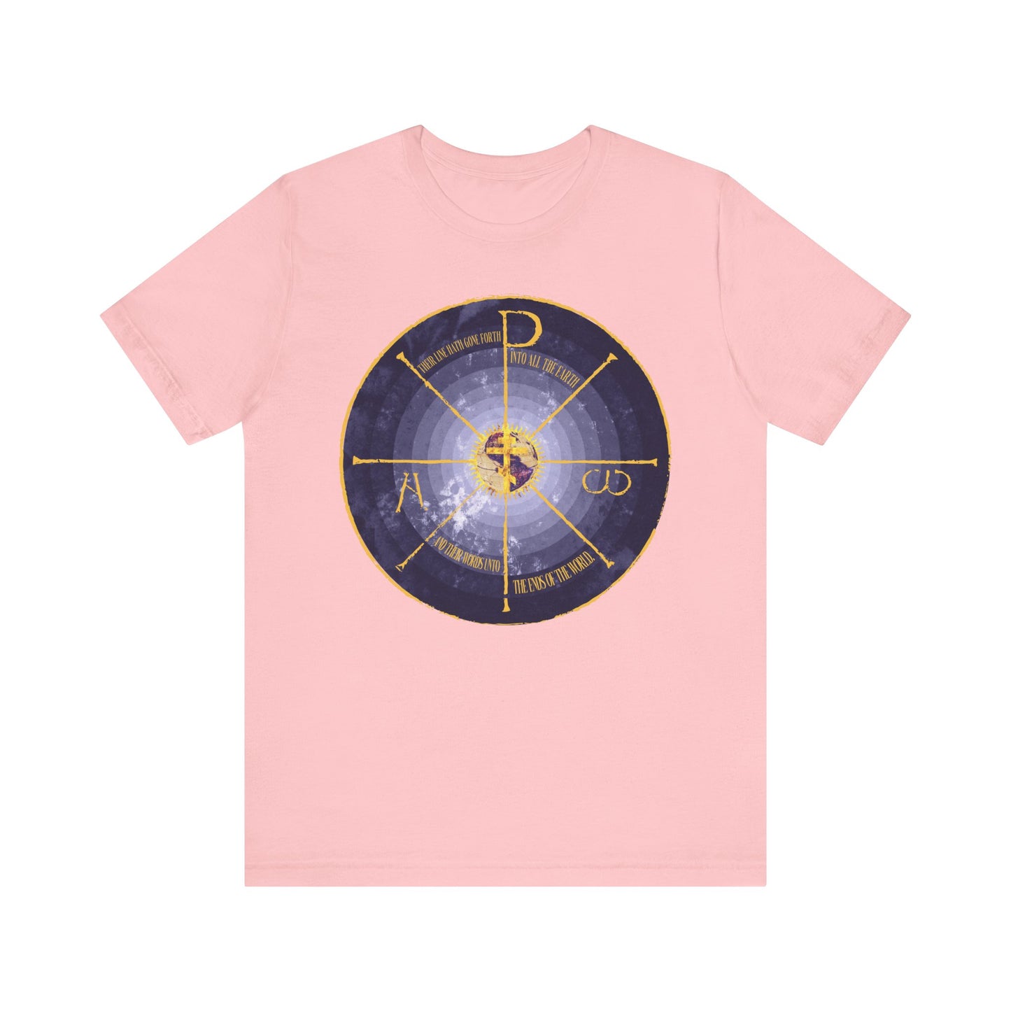 The Pink Geocentric Cross & Chi Rho tee features a medieval-style blue and yellow graphic with Alpha & Omega accents, in lightweight cotton—a unique Orthodox Christian unisex shirt.