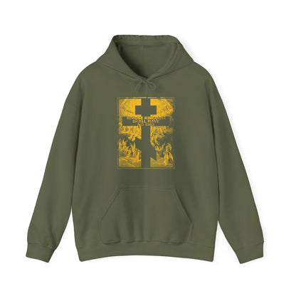 Military green "Whose Kingdom Shall Have No End" hoodie with yellow graphic and text inspired by the Nicene Creed, Apocalypse, and Gustave Dore etching, featuring abstract Christian-themed artistry on the front.