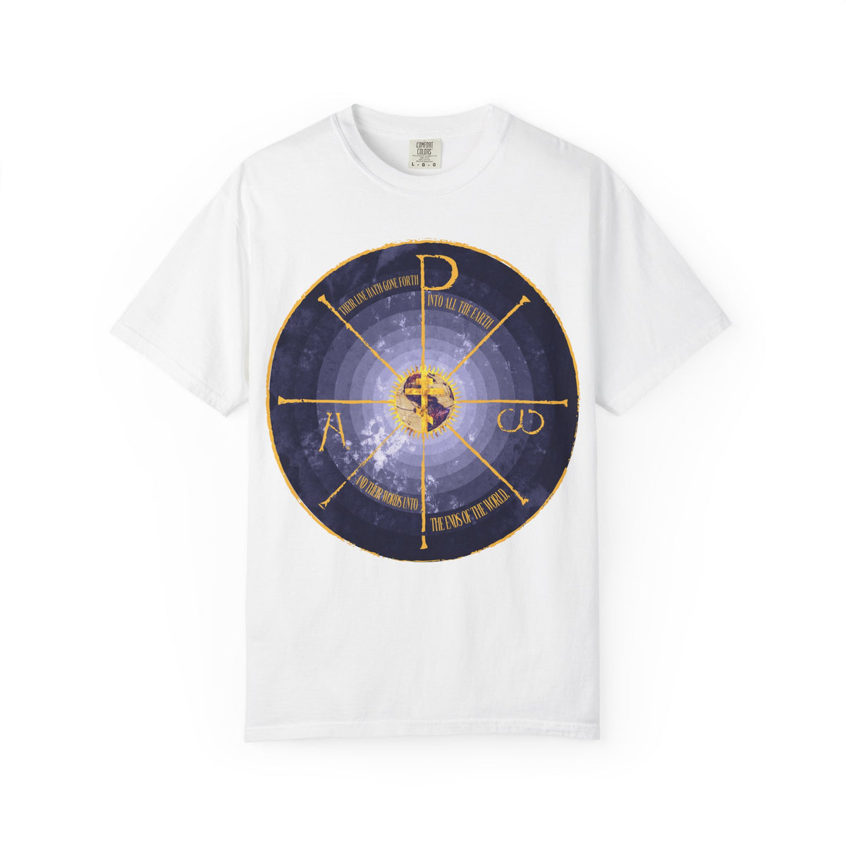 White “Geocentric Cross & Chi Rho | Alpha & Omega” heavyweight cotton unisex tee featuring a blue and yellow medieval-style circular graphic with Orthodox Christian symbols and text, including the Chi Rho Christogram, centered on the chest.