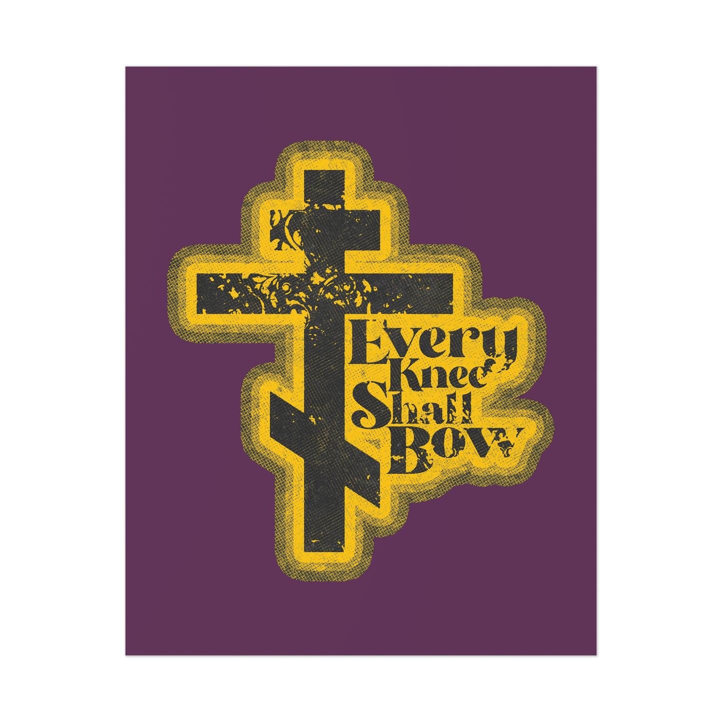 Every Knee Shall Bow Orthodox Christian art poster features a 70s distressed halftone comic book style, inspired by Philippians 2:10-11 and Isaiah 45:23—a bold reminder that every knee shall bow to Jesus Christ as Lord.