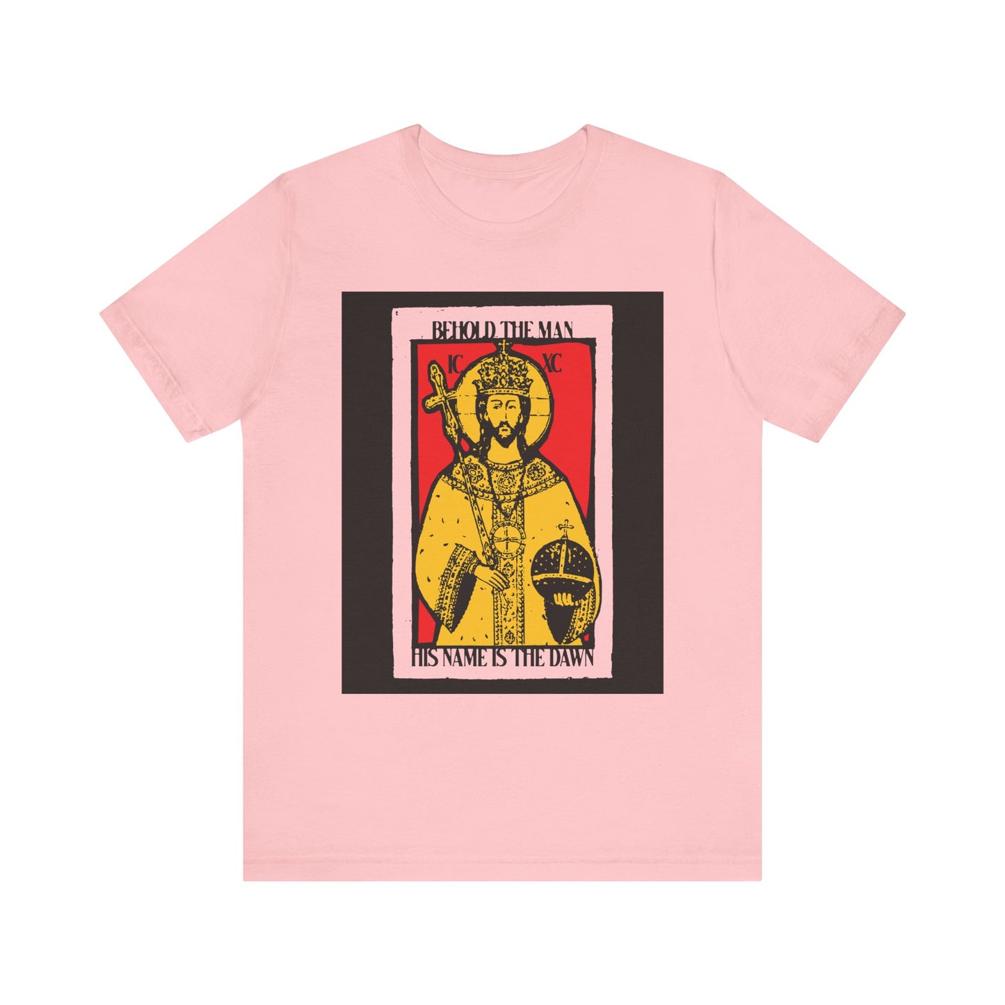 Pink unisex tee: "Behold the Man His Name is the Dawn" (Zechariah 6:12 LXX), with red & yellow Messianic Christ icono-graphic. Lightweight cotton.