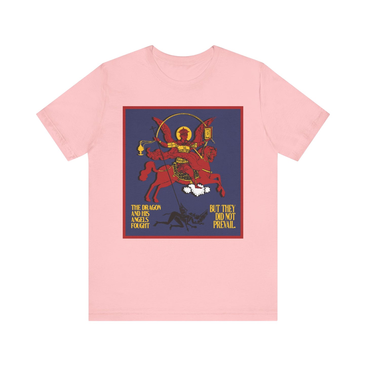 The pink "Archangel Michael Defeating Satan the Dragon (Rev 12:7-8)" Orthodox Christian tee features a bold apocalyptic design—a vivid reminder of spiritual victory, inspired by Revelation and crafted in lightweight unisex cotton.