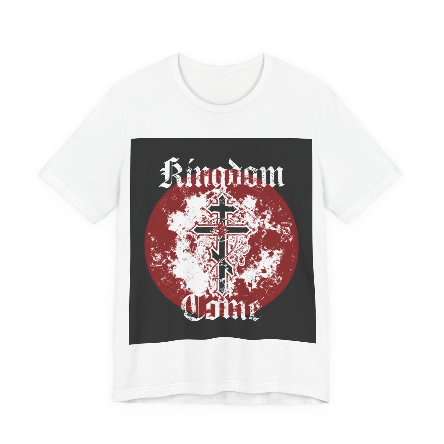 White unisex cotton t-shirt featuring "Kingdom Come" text, Orthodox cross with vine, and a distressed red circle graphic inspired by the Lord’s Prayer. Product: Kingdom Come | Orthodox Christian T-Shirt. Color: White.