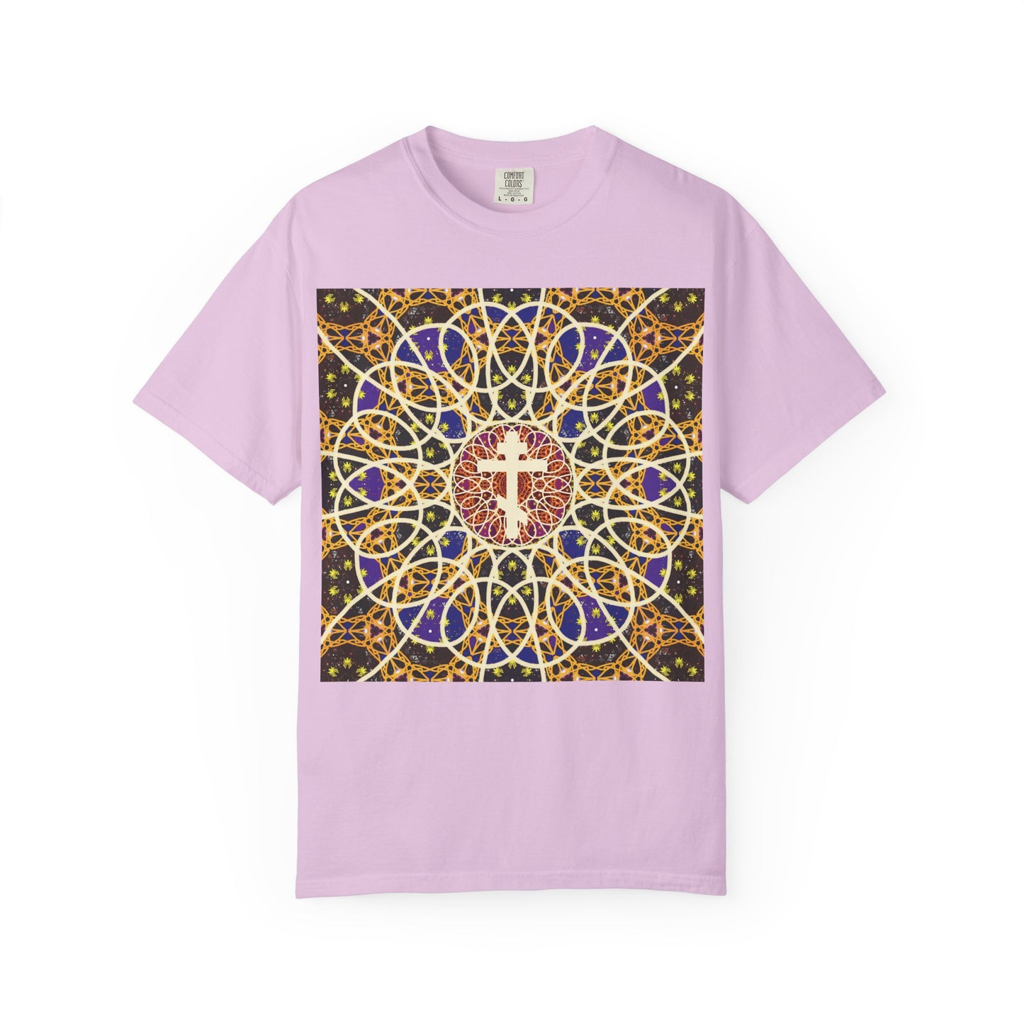 Orchid-colored heavyweight cotton unisex T-shirt featuring a Medieval Cosmology rose window design with an Orthodox cross at the center, inspired by “Let all the earth venerate the Cross,” as sung during Tone 6 Sunday Matins.