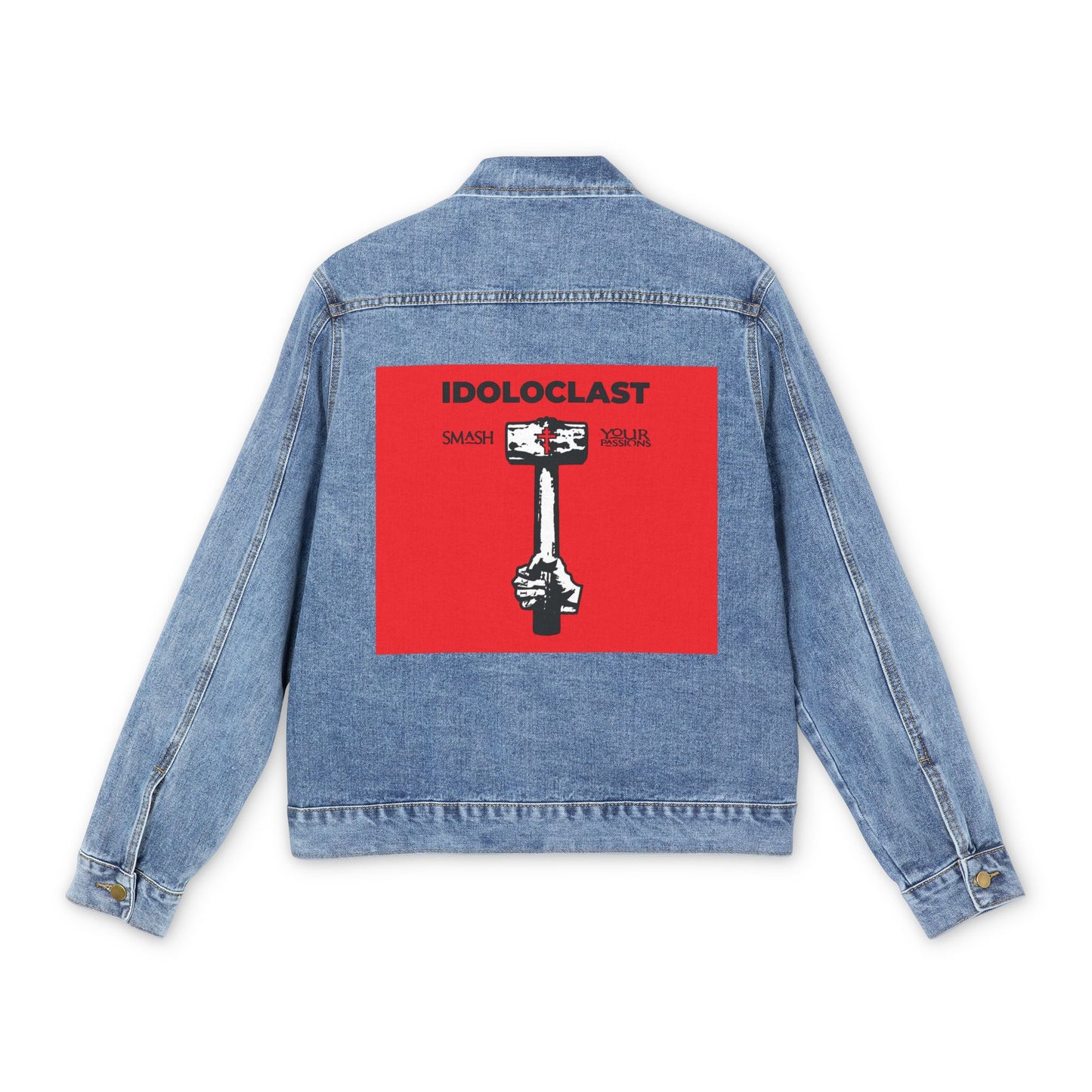 Idoloclast Idol-Smasher | Jesus NIKA Fist w/ Sledgehammer on Red Background | Smash Your Passions | Orthodox Christian Custom Blue Denim Jacket