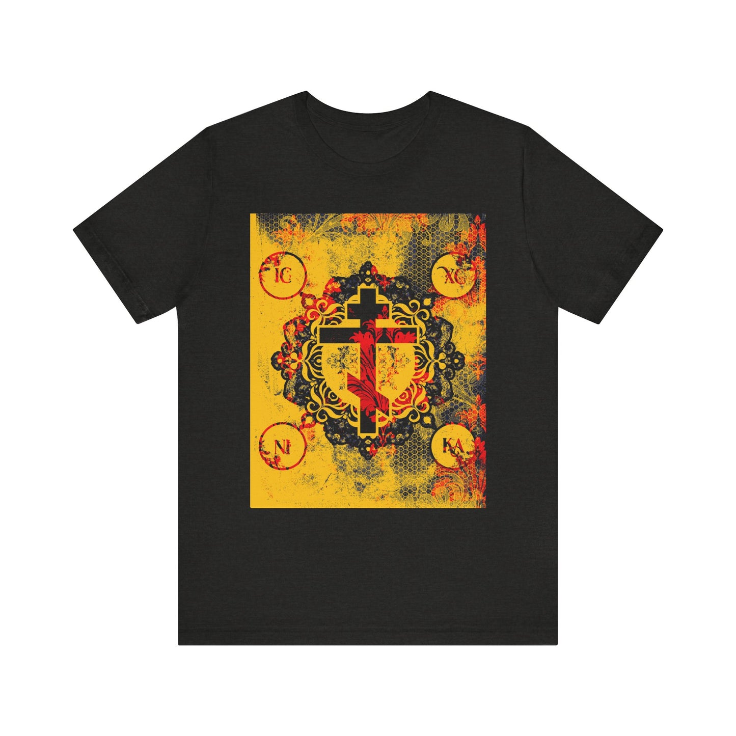 The IC XC NIKA Orthodox Cross t-shirt features a yellow and red modern-medieval floral cross design with Greek letters, inspired by the Cross's mystery and Christ's sacrifice. Made of lightweight cotton in Black Heather. Unisex fit.
