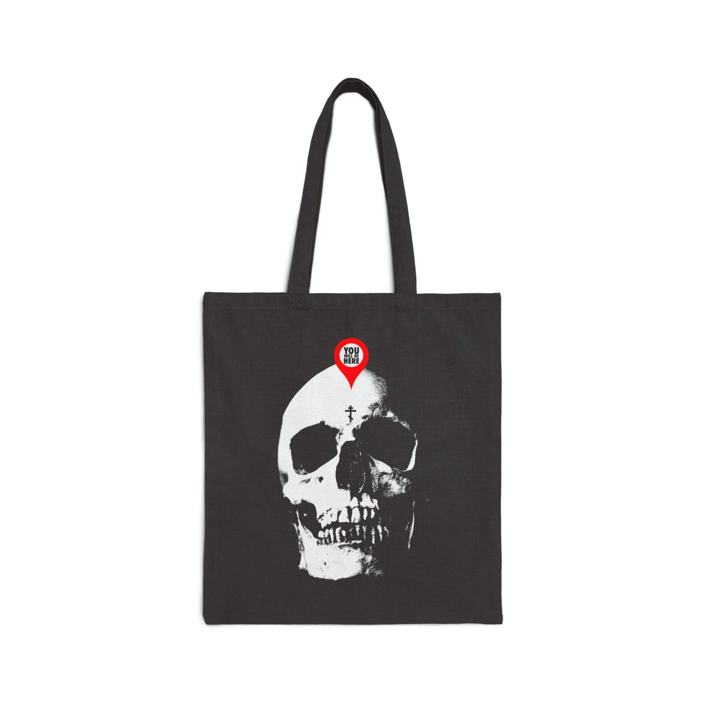 Black tote bag featuring a skull design with a red marker spot, inspired by Orthodox Memento Mori and St. Ignatius Brianchaninov’s reminder: "What you are, I once was; what I am, you will be.