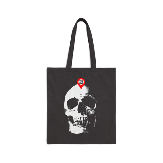 Black tote bag featuring a skull design with a red marker spot, inspired by Orthodox Memento Mori and St. Ignatius Brianchaninov’s reminder: "What you are, I once was; what I am, you will be.