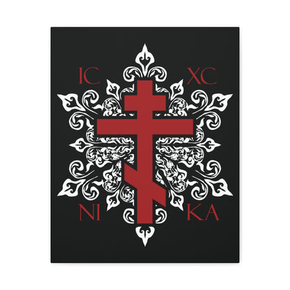 ICXC / NIKA Red Orthodox Cross on Ornate White Medieval Floral Design | Exclusive Best-Selling | Orthodox Christian Canvas Art